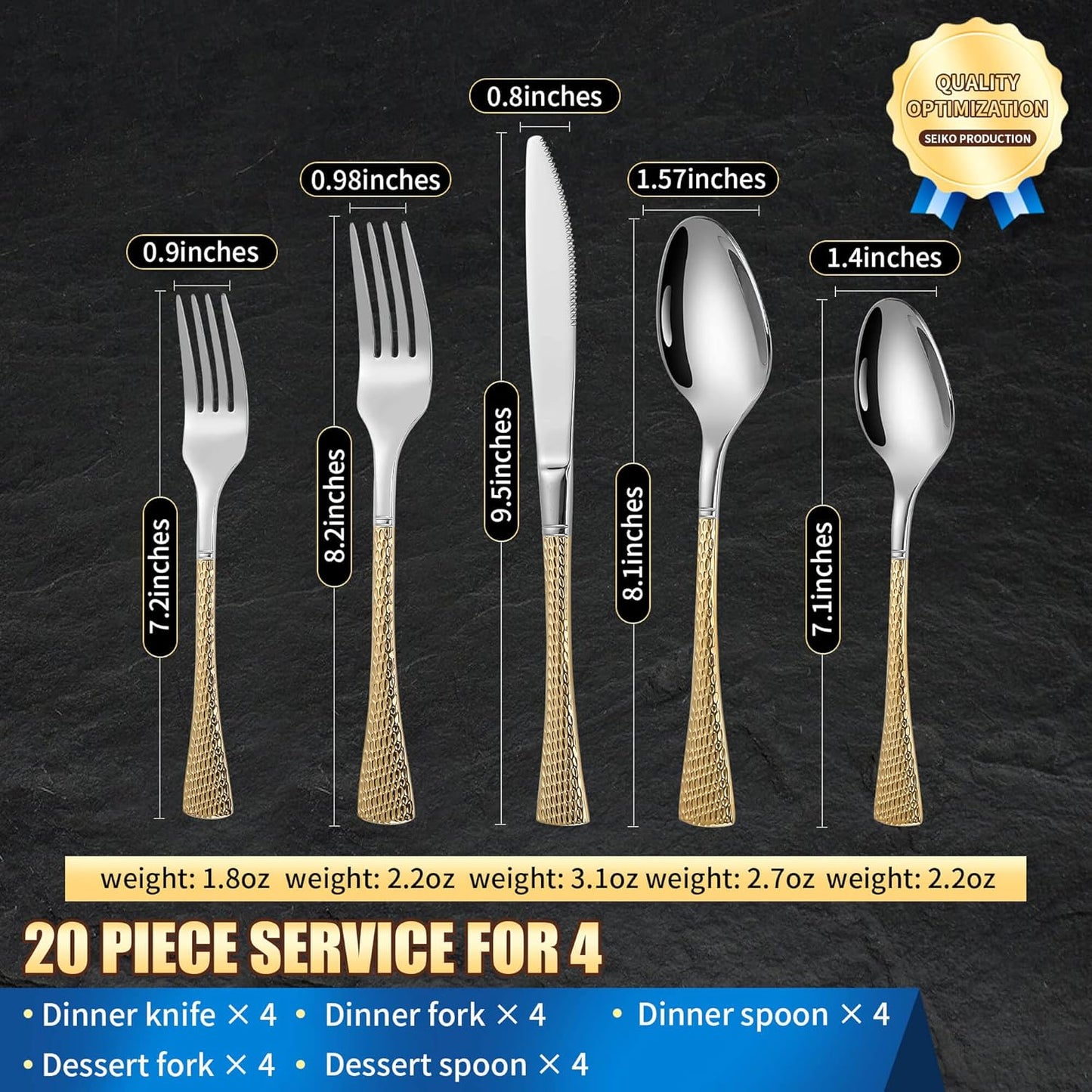 Lemeya Hammered Silver Gold Silverware Set,20 Piece Modern Flatware Set Service for 4,Mirror Polished Stainless Steel Cutlery Set Utensil Set Tableware,Kitchen Knives Forks Spoons Set,Dishwasher Safe