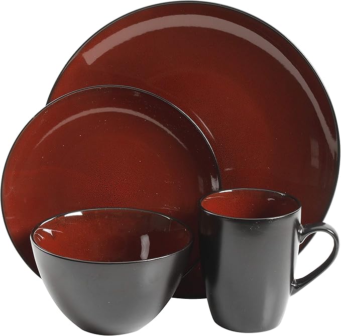 Gibson Elite Soho Lounge Round Reactive Glaze Stoneware Dinnerware Set, Service for Four (16pcs), Red