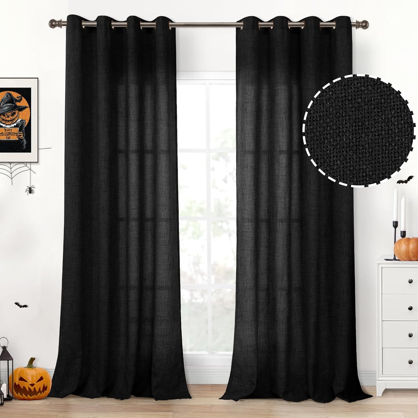 YoungsTex Black Linen Semi Sheer Curtains 95 inch Long 2 Panels, Bronze Grommet Light Filtering Drapes Floor Length for Living Room Bedroom Hallown Gothic Decorative, 52 X 95 Inch