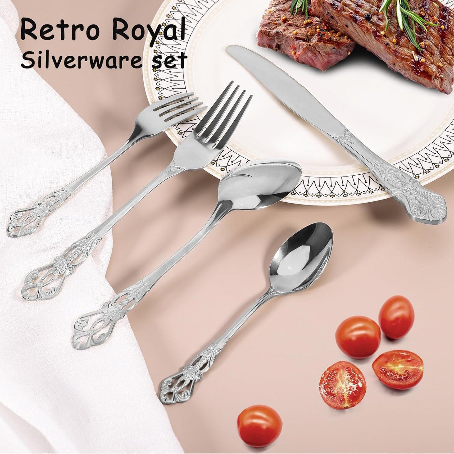 Silverware Set for 4, Stainless Steel Gorgeous Retro Royal Flatware Set, 20-Pieces Cutlery Tableware set, Kitchen utensils set Include Spoons And Forks Set, Mirror Finish, Dishwasher Safe