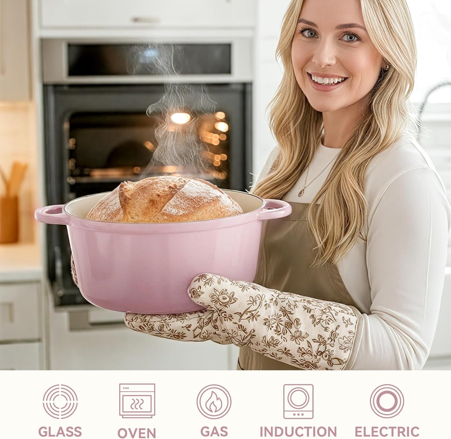 6 Quart Dutch Oven Pot with Lid, Non Stick Enameled Cast Iron Dutch Oven for Bread Baking, Heavy-Duty, Oven Safe Ceramic Cookware Up to 500°F for Baking, Braising, Stews, Roasting, Pink