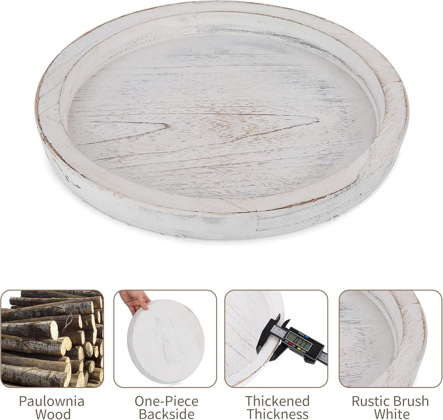 Hanobe Rustic Wooden Serving Tray: Round Wood Decorative Tray Rustic White Centerpiece Candle Holder Trays Farmhouse Ottoman Tray for Decor Kitchen Counter Home Decor for Coffee Table