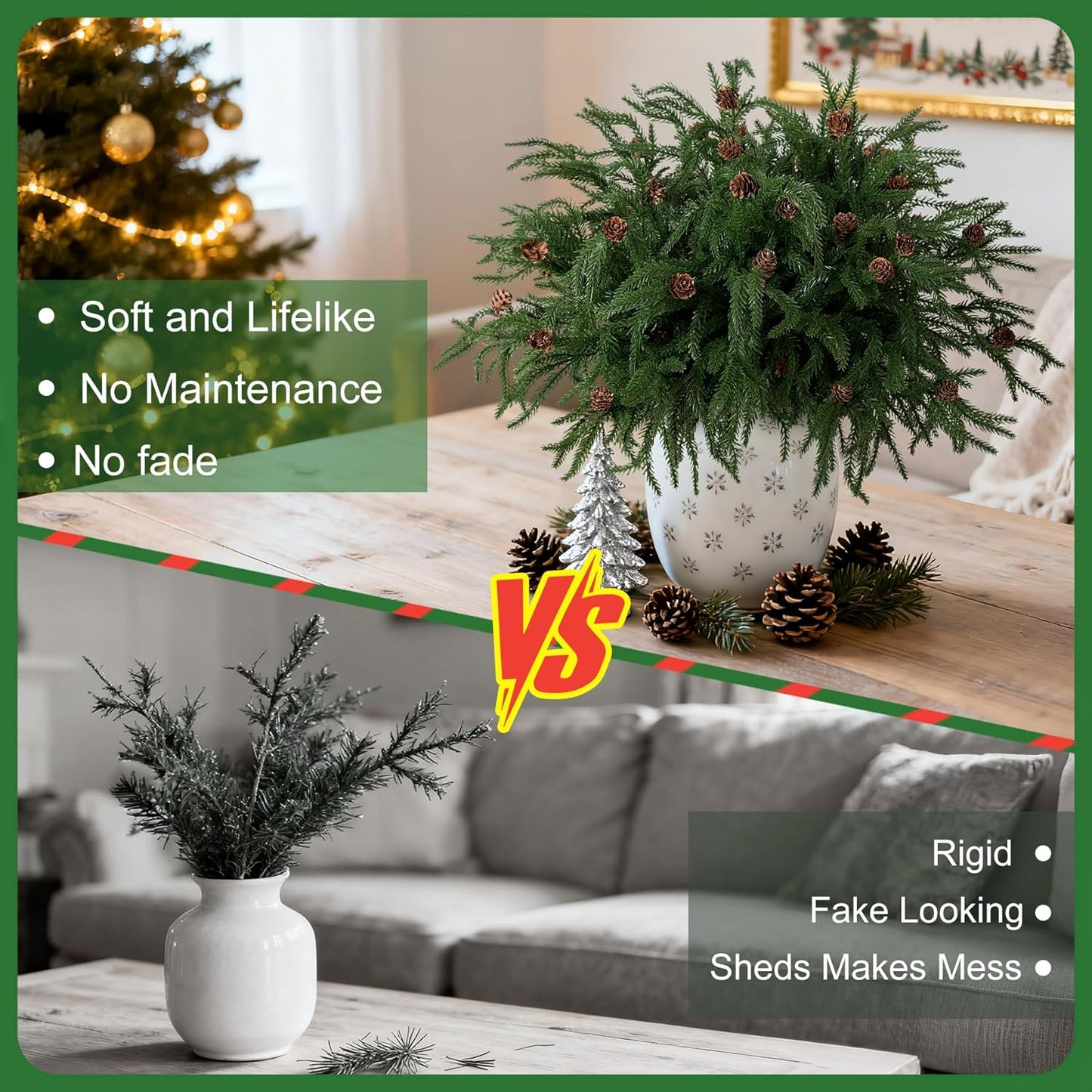 Artificial Norfolk Pine Stems for Christmas Decorations, 10 Pcs 18 inch Fake Pine Cone Branches for Vases Garland Real Touch Faux Greenery Evergreen Plants for Xmas Home Decor Indoor Winter