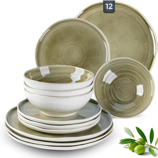 Leratio Ceramic Dinnerware Sets for 4,Porcelain Plates and Bowls Sets with Wavy Edge,Microwave & Dishwasher & Oven Safe,Light Weight & Scratch Resistant Dishes Sets-Service for 4 (12pcs)