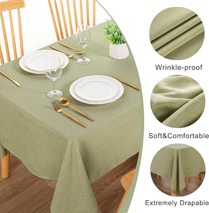 DWCN Rectangle Faux Linen Tablecloth - Textured Waterproof Spill-Proof Wrinkle and Stain Resistant Table Cloth Decorative Fabric Farmhouse Table Cover for Kitchen Dining Party, 52 x 70 Inch, Green