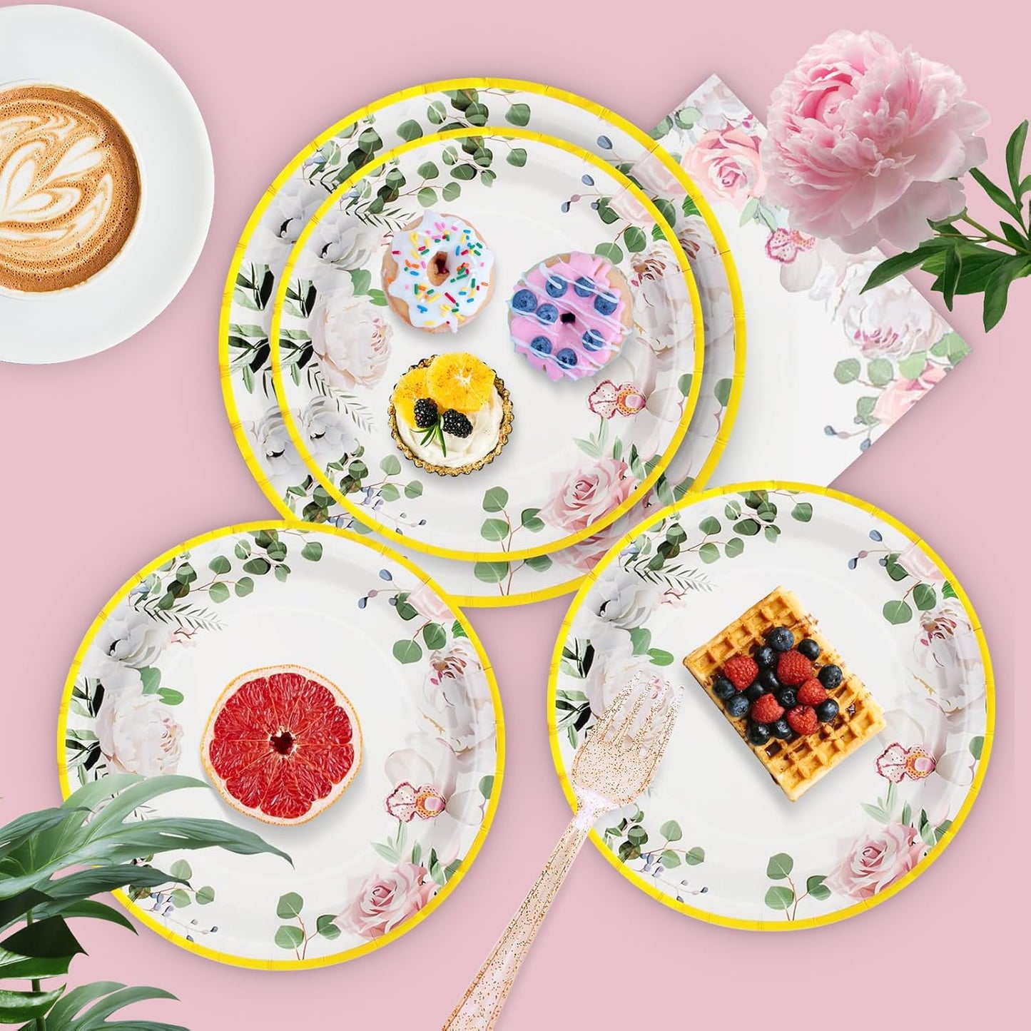 168 PCS Floral Plates and Napkins Party Supplies Serve 24 Flower Disposable Paper Dinnerware Sets for Adults Bridal Shower Decorations Baby Shower Birthday Wedding Engagement Tea
