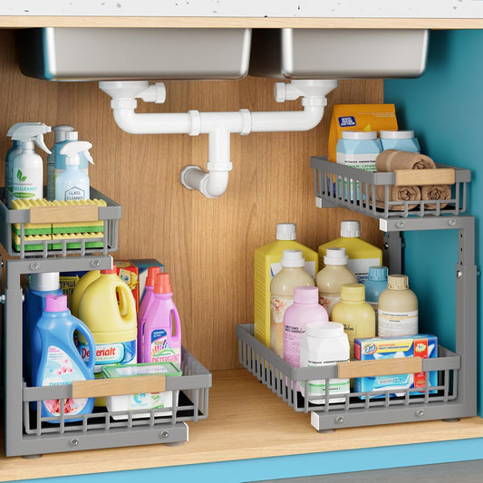 Under Sink Organizer, 2 Packs 2 Tier Gray Under Sink Organizers and Storage, Slide Out Pull Out Cabinet Organizer Shelf, Metal Sliding Drawer for Kitchen Bathroom Cabinet Organization Rack