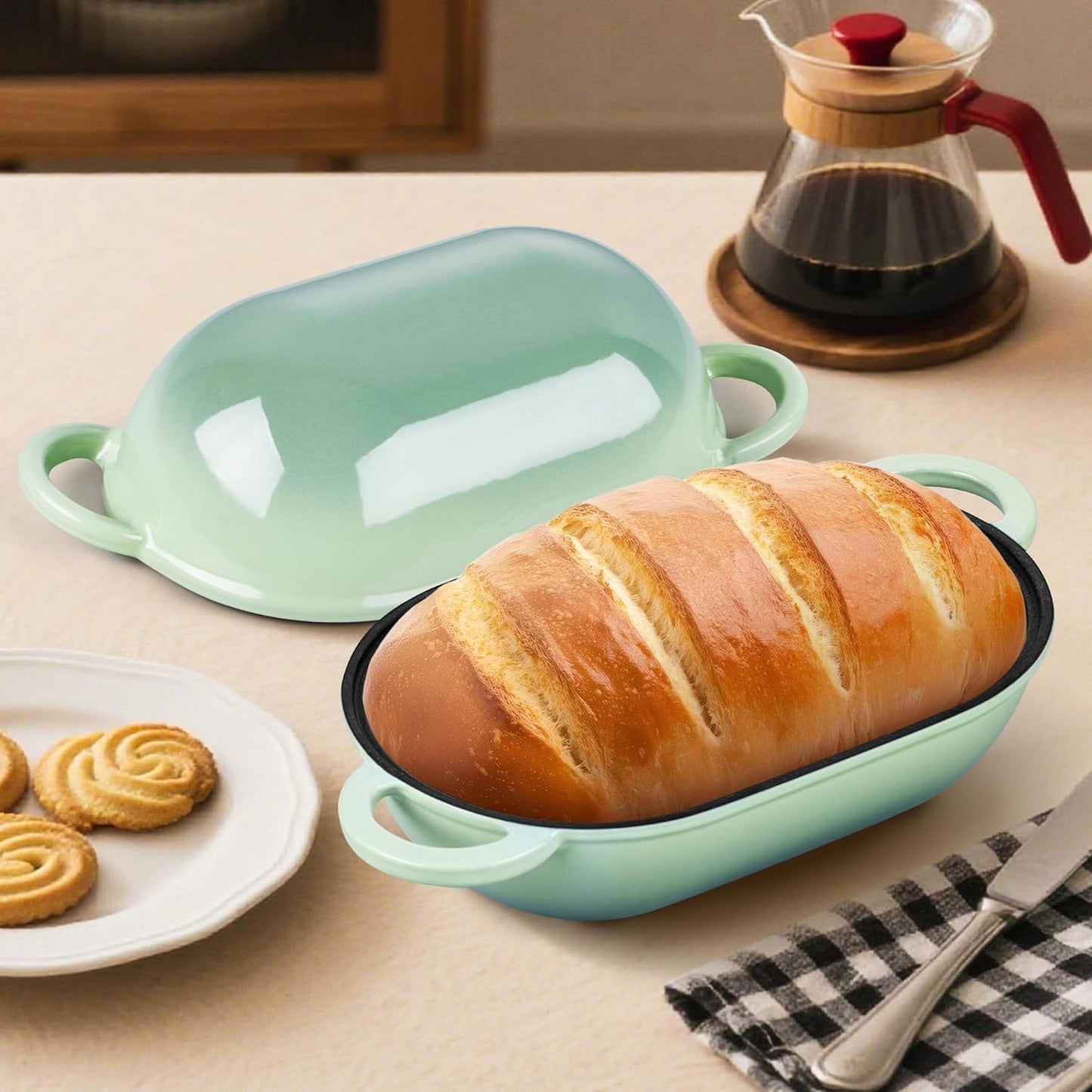 Homikit Enameled Cast Iron Dutch Oven for Bread Baking, 2.8 QT Oval Bread Oven Pot with Lid, Sourdough Loaf Iron Dutch Oven Pan for Roasting Cooking, Pistachio Green & Heavy Duty