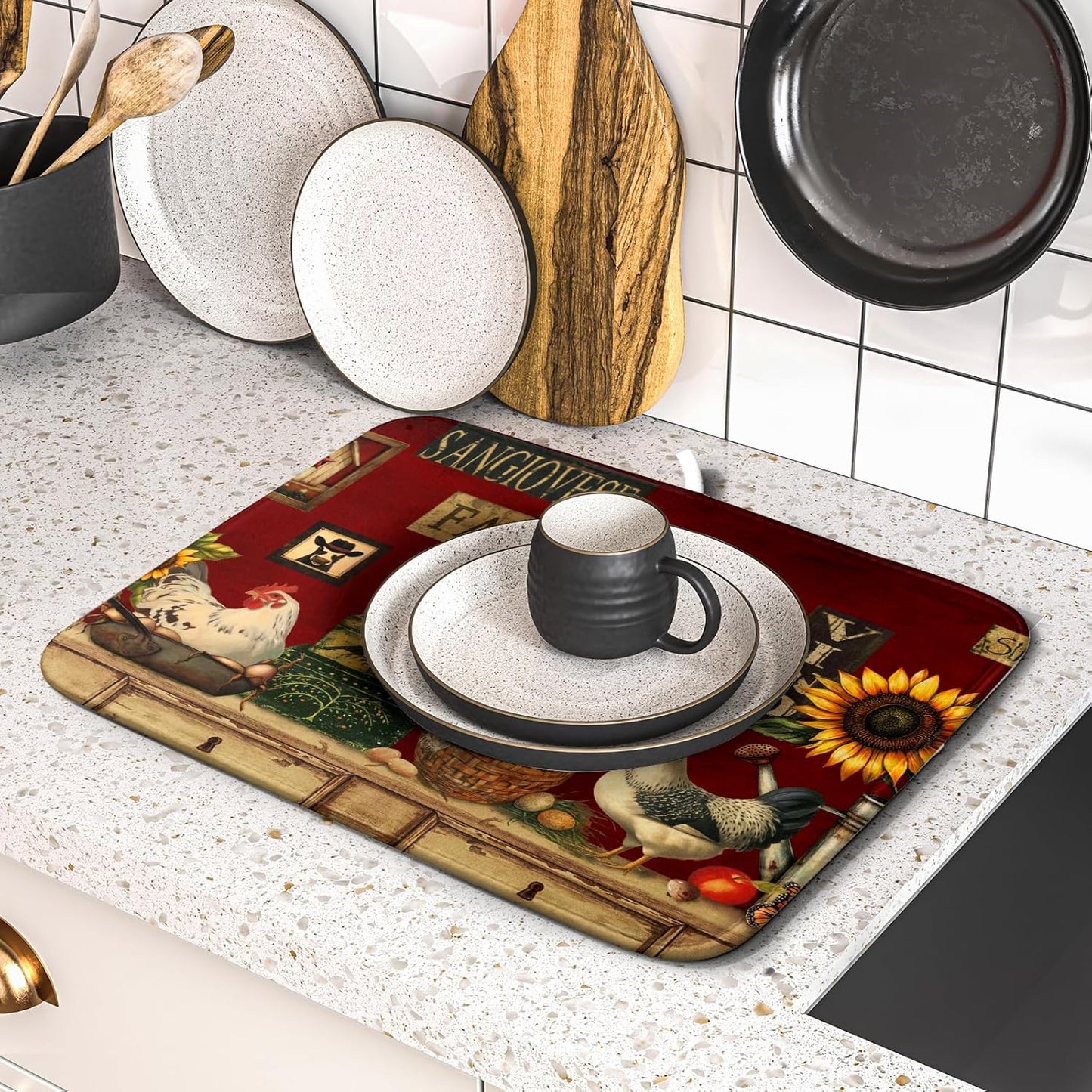 Vintage Rooster Dish Drying Mats 16x18 Inch,Farmhouse Country Hen Chicken Sunflower Microfiber Absorbent Quick-Dry Drainer Rack Sink Protector Pad for Kitchen Counter Decor