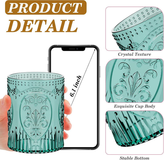 24 Plastic Vintage Drinking Glasses 8.5oz Stemless Retro Embossed Wine Glasses Shatterproof Reusable Cups for Baby Shower Wedding Reception Grand Event Party (Vintage Multicolor)