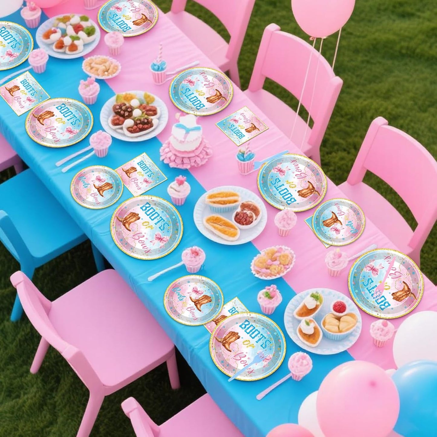 Boots or Bows Decorations - 96 Pcs Gender Reveal Party Plates Napkins Forks Tableware Set, Pink Blue Paper Disposable Party Supplies Decor Kit for Baby Shower Boy or Girl Serve 24 Guests