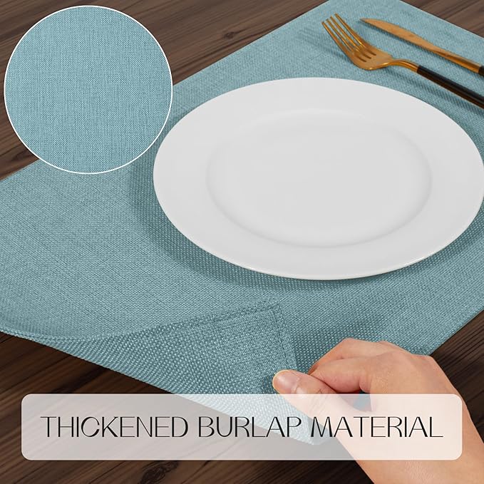 Romanstile Cloth Placemats Set of 6-12 x 18 Inch, Heat Resistant Double Layered Thickened Burlap Place Mats, Washable Linen Farmhouse Table Mats for Kitchen/Dining/Party/Outdoor, Teal
