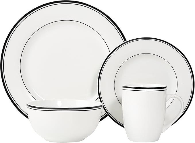 Amazon Basics 16-Piece Cafe Stripe Kitchen Dinnerware Set, Plates, Bowls, Mugs, Service for 4, Black