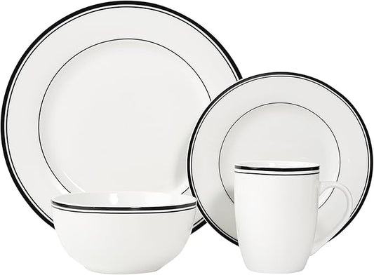 Amazon Basics 16-Piece Cafe Stripe Kitchen Dinnerware Set, Plates, Bowls, Mugs, Service for 4, Black