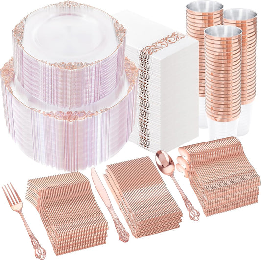 YOUBET 700PCS Rose Gold Plastic Plates - Clear Rose Gold Plastic Dinnerware Set Include 200 Disposable Plate, 300 Heavy Duty Silverware, 100 Cups, 100 Napkins for Wedding & Party & Baby Shower