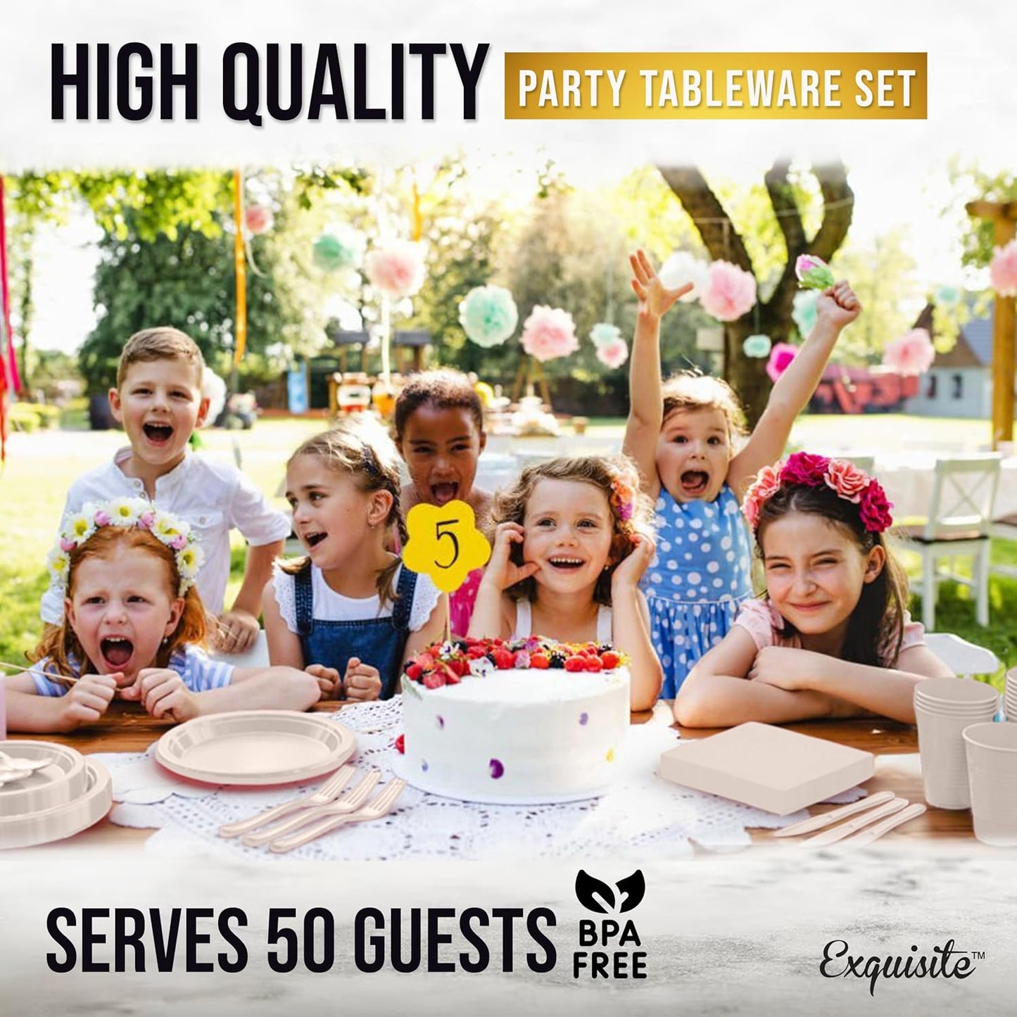 Party Solids 350 Pieces Ivory Plastic Plates For Party, Ivory Disposable Plates Set, 50 Of Each 9" Dinner Plate Set, 7" Dessert Plate, Cups, Napkins & Cutlery Plastic Dinnerware