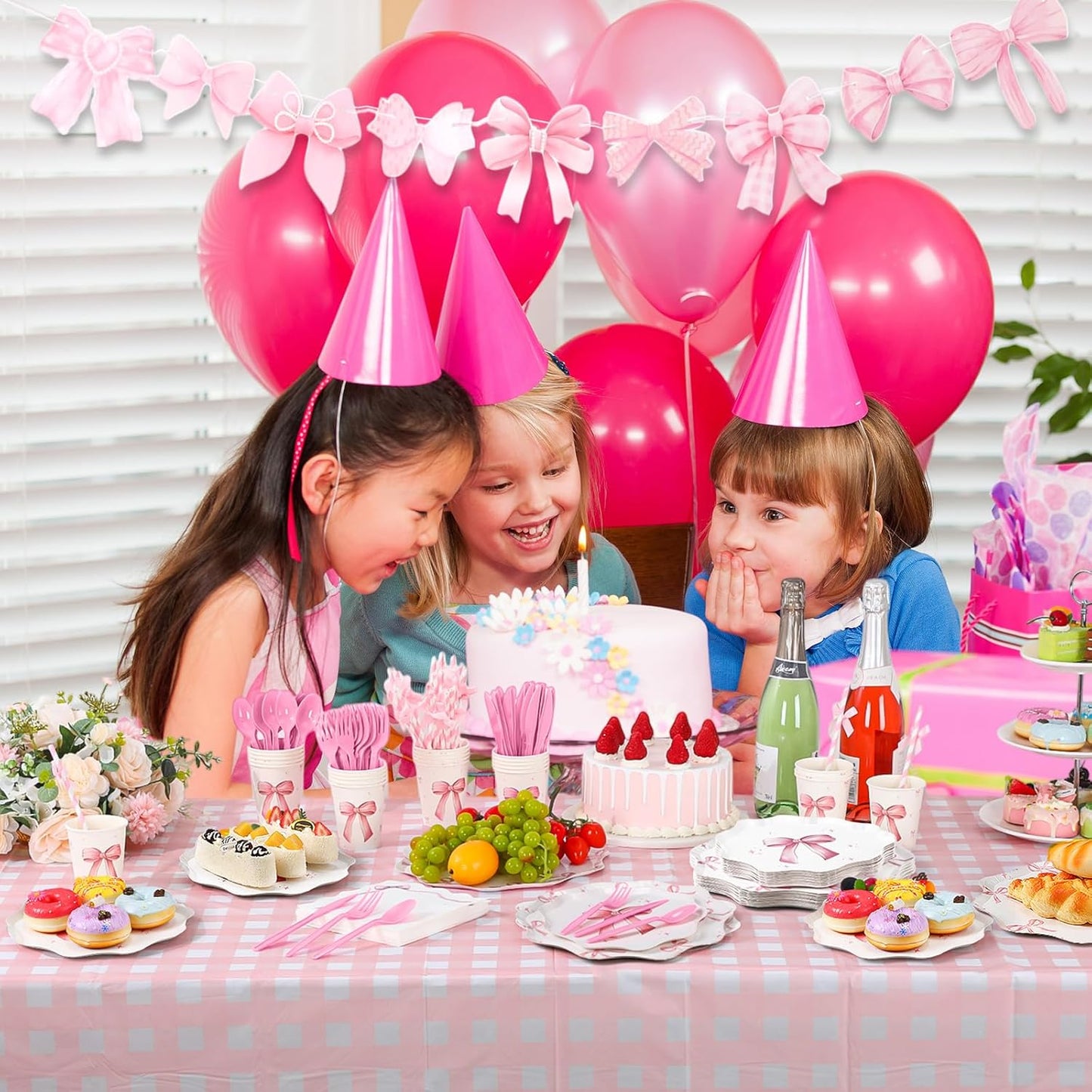 Sawysine 202 Pcs Pink Bow Party Supplies Serve 25 Disposable Dinnerware Set 50 Plates 25 Cups 25 Napkins 25 Plastic Forks 25 Knives 25 Spoons 25 Straw Flag Tablecloth