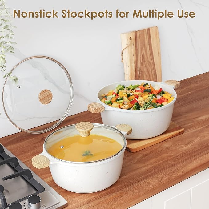 SENSARTE Ceramic Nonstick Stock Pot with Lid, 7 Qt Induction Cooking Pot with Tempered Glass Lid, Stew Pot for Soup and Oatmeal, Pasta Casserole, Free of PFAS & PTFE, White