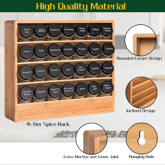 Bamboo Tiered Spice Rack Organizer for Cabinet,Wooden Seasoning Rack for Countertop, Cupboard, Pantry, Kitchen (Spice Jars Included)