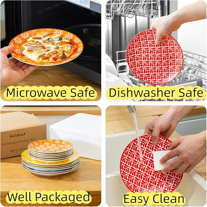 AntoKueh Porcelain Dinner Plates Set of 6, 8 Inch Ceramic Plates - Vintage Colorful Design for Salad, Pasta, Steak - Scratch, Chip Resistant, Dishwasher & Microwave Safe