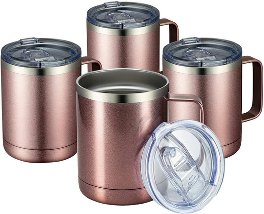 MEWAY 12oz Coffee Mug With Handle 4 Pack Bulk,Stainless Steel Insulated Travel Tumblers With Sliding Lid,Double Wall Vacuum Camping Cup for Hot & Cold Drinks Tea (Rose Gold,Set of 4)