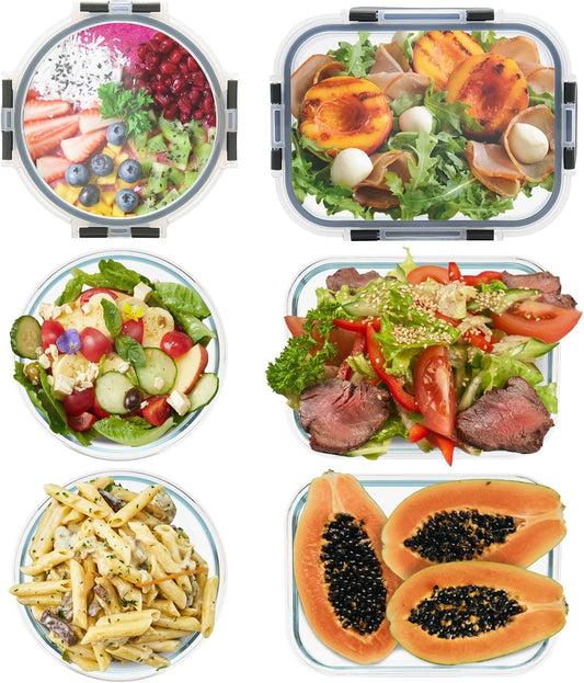 6 Pack Glass Food Storage Containers, BPA Free Meal Prep Containers with Leak Proof Lids, Freezer to Microwave Safe