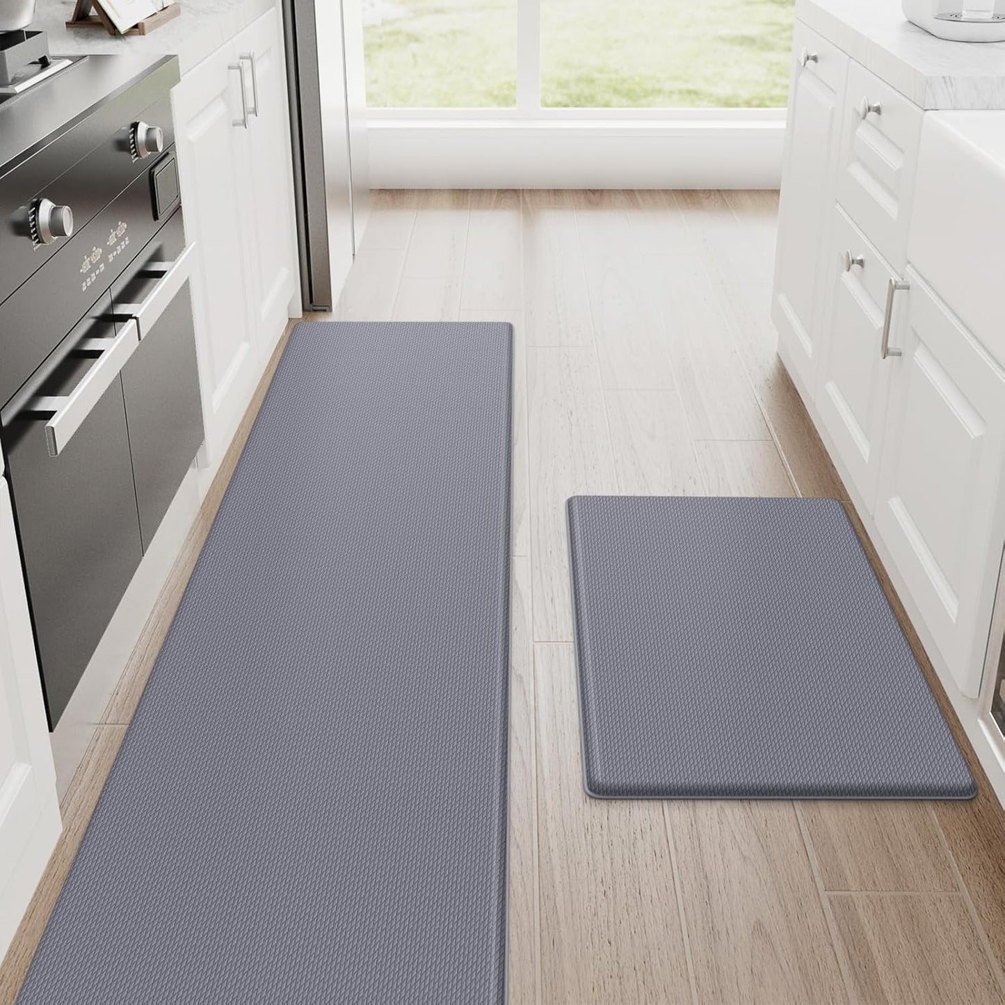 StepRite Kitchen Mats, 2PCS Kitchen Rugs, Cushioned Anti Fatigue Kitchen Mats for Floor, Non-Slip Standing Desk Mat, Waterproof Kitchen Rug Set for Kitchen, Floor, Office, 17.3"x30"+17.3"x70", Grey