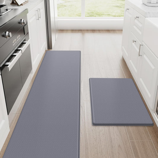 StepRite Kitchen Mats, 2PCS Kitchen Rugs, Cushioned Anti Fatigue Kitchen Mats for Floor, Non-Slip Standing Desk Mat, Waterproof Kitchen Rug Set for Kitchen, Floor, Office, 17.3"x30"+17.3"x70", Grey