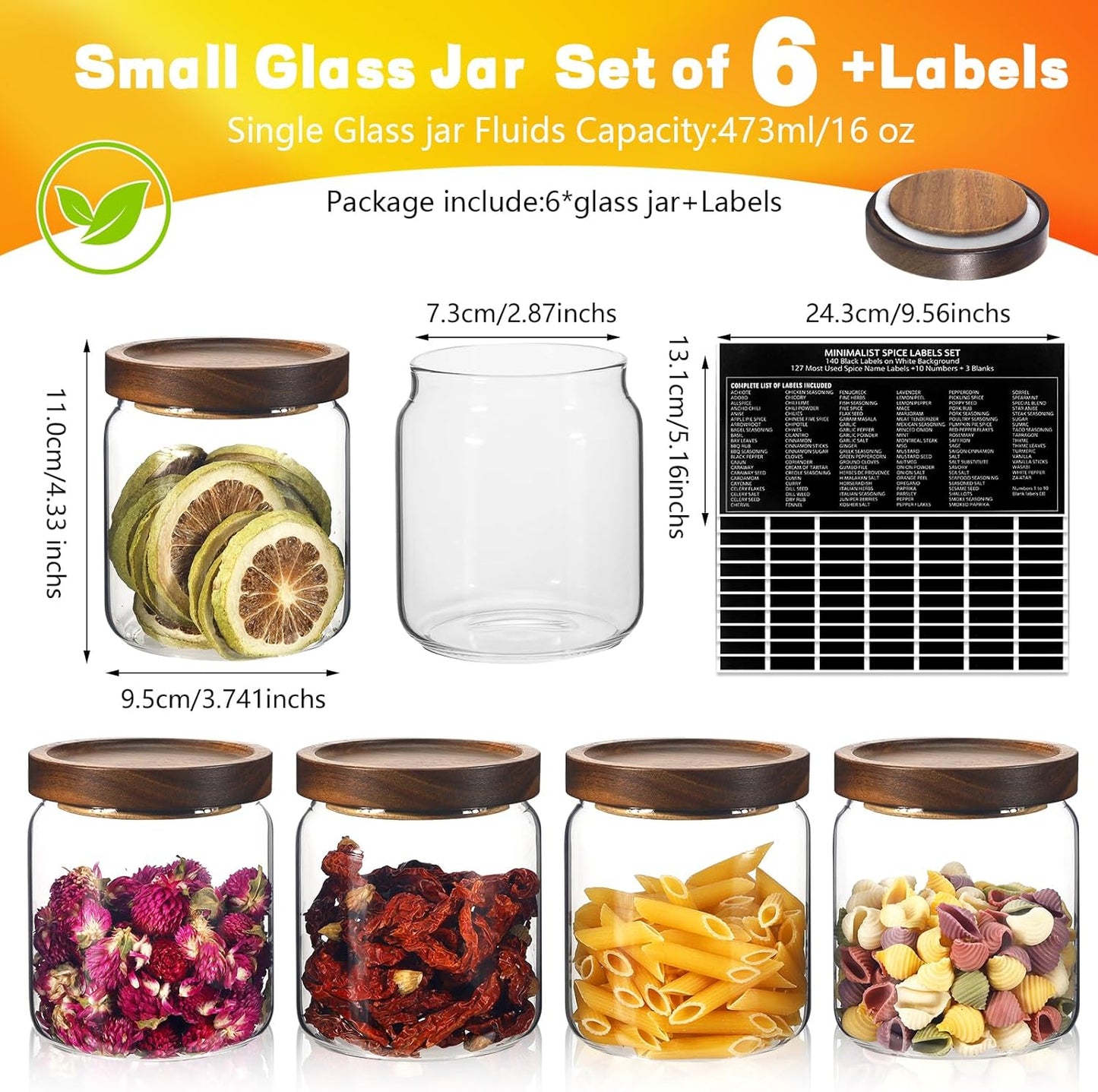 Glass Spice Jars Seasoning Containers Small Glass Jars with Lids Airtight Food Storage Canister for Kitchen Pantry Sugar Tea Coffee Bean Nuts Cookies Herbs Salt (16oz/473ml*6 pack)