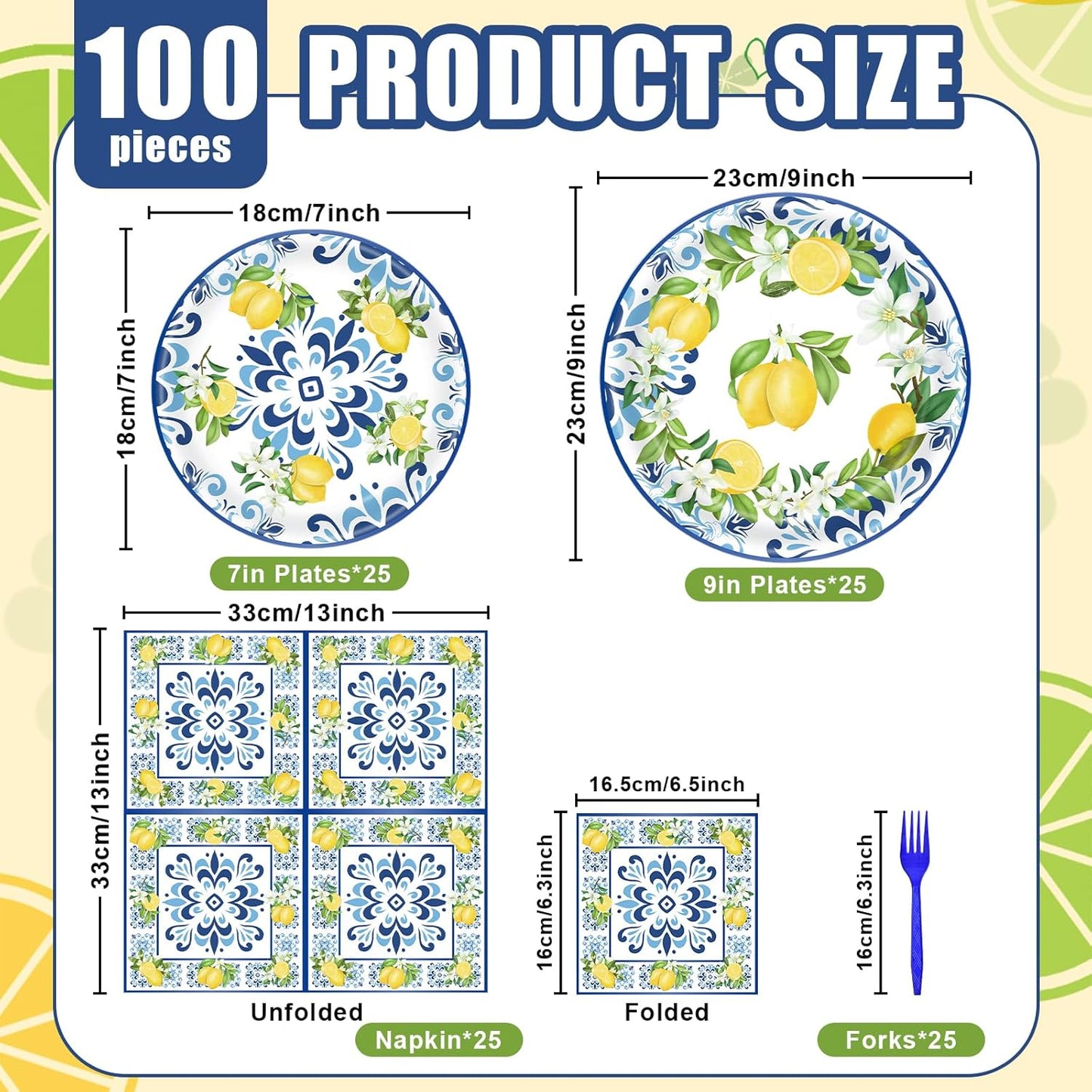 100 Pcs Lemon Tableware Party Supplies – Citrus Theme Blue Tile Disposable Plates, Napkins, and Blue Forks for Summer Parties, Picnics, BBQ, Brunch, Weddings, Birthdays, and Baby Showers – Serves 25