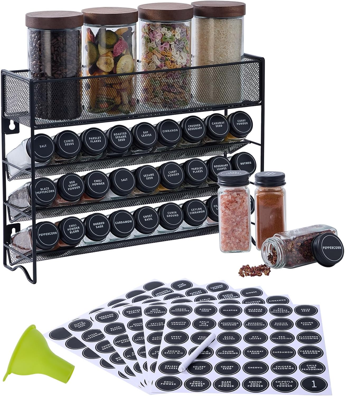 Spice Rack Organizer with 27 Spice Jars with Black Lids, Funnel, Spice Labels, Pen, Seasoning Organizer for Cabinet, Countertop, Pantry, Kitchen,Cupboard or Door & Wall Mount