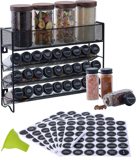 Spice Rack Organizer with 27 Spice Jars with Black Lids, Funnel, Spice Labels, Pen, Seasoning Organizer for Cabinet, Countertop, Pantry, Kitchen,Cupboard or Door & Wall Mount