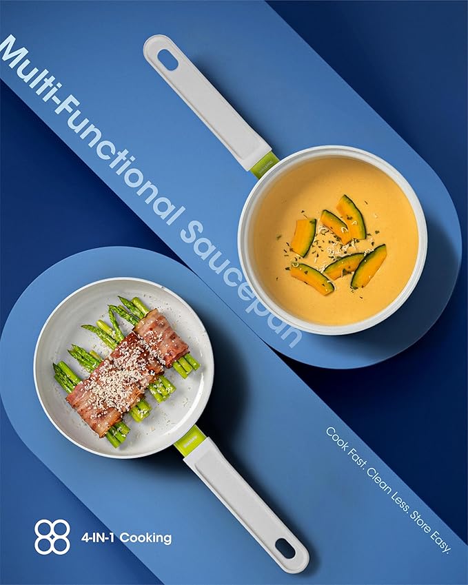 Ceramic Non Stick Sauce & Frying Pan Set, 2.5QT Saucepan, 7" Egg Omelette Pan & 18/10 Stainless Steel Steamer, Induction Cookware Set for Quick Meals, PTFE, PFOA & PFAS Free, Drak Blue