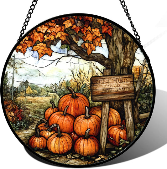 Stained Glass Window Hanging Fall Farm Scenery Maple Trees Pumpkin Large 15" - Suncatcher Door Garden Kitchen Sun Catcher Autumn Decor Birthday for Mom Nana Men Woman Friend