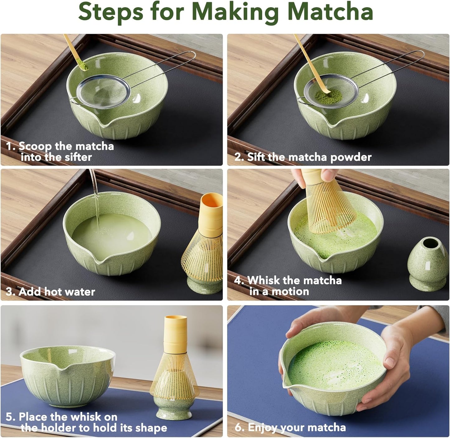 Matcha Whisk Set 7 Pcs - Ceramic Matcha Set with Bowl, Whisk, Holder, Bamboo Scoop, Rest, Sifter, and Tea Towel – Elegant Matcha Kit Gift for Women