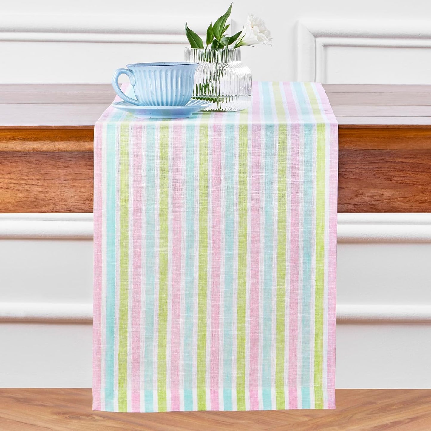 Solino Home Linen Table Runner 90 Inches Long - 100% Pure Linen Multicolor Palm Beach Stripe Table Runner 14 x 90 Inch for Dining