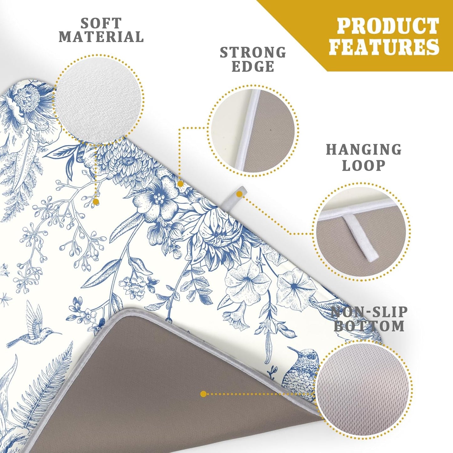 Chinoiserie Flowers Dish Drying Mat for Kitchen Counter, 18x24 Inch Vintage Blue Floral Birds Ultra Absorbent Reversible Dish Drainer Mats Plate Holder