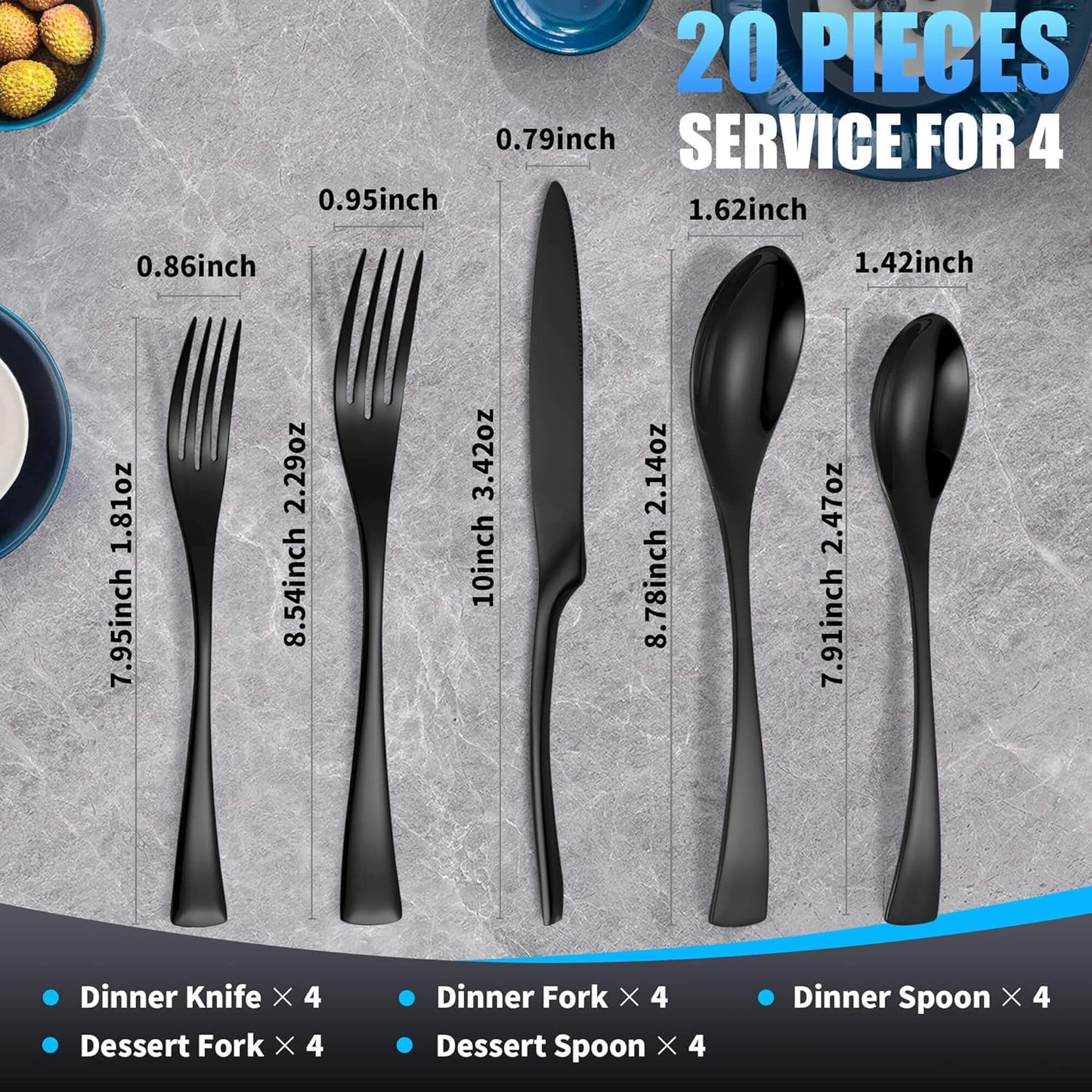 Lemeya 20-Piece Black Silverware Set for 4,Heavy Duty 18/10 Stainless Steel Flatware Set with Forged Stand Knife,Modern Cutlery Utensil Set,Forks Spoons and Knives Set,Mirror Polished,Dishwasher Safe