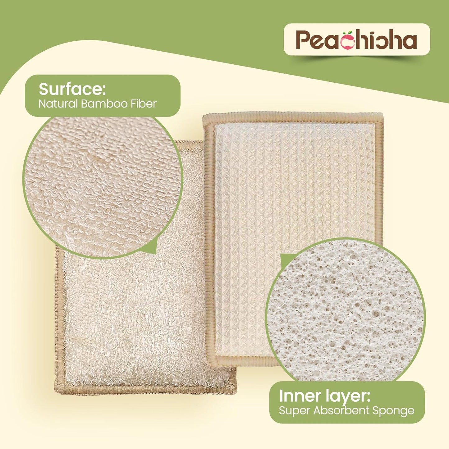 Bamboo Sponges for Dish Washing Reusable Dish Sponge Multi Use Kitchen Sponges Non-Scratch Reusable Cleaning Pads for Dishes, Pots and Pans, Pack of 5