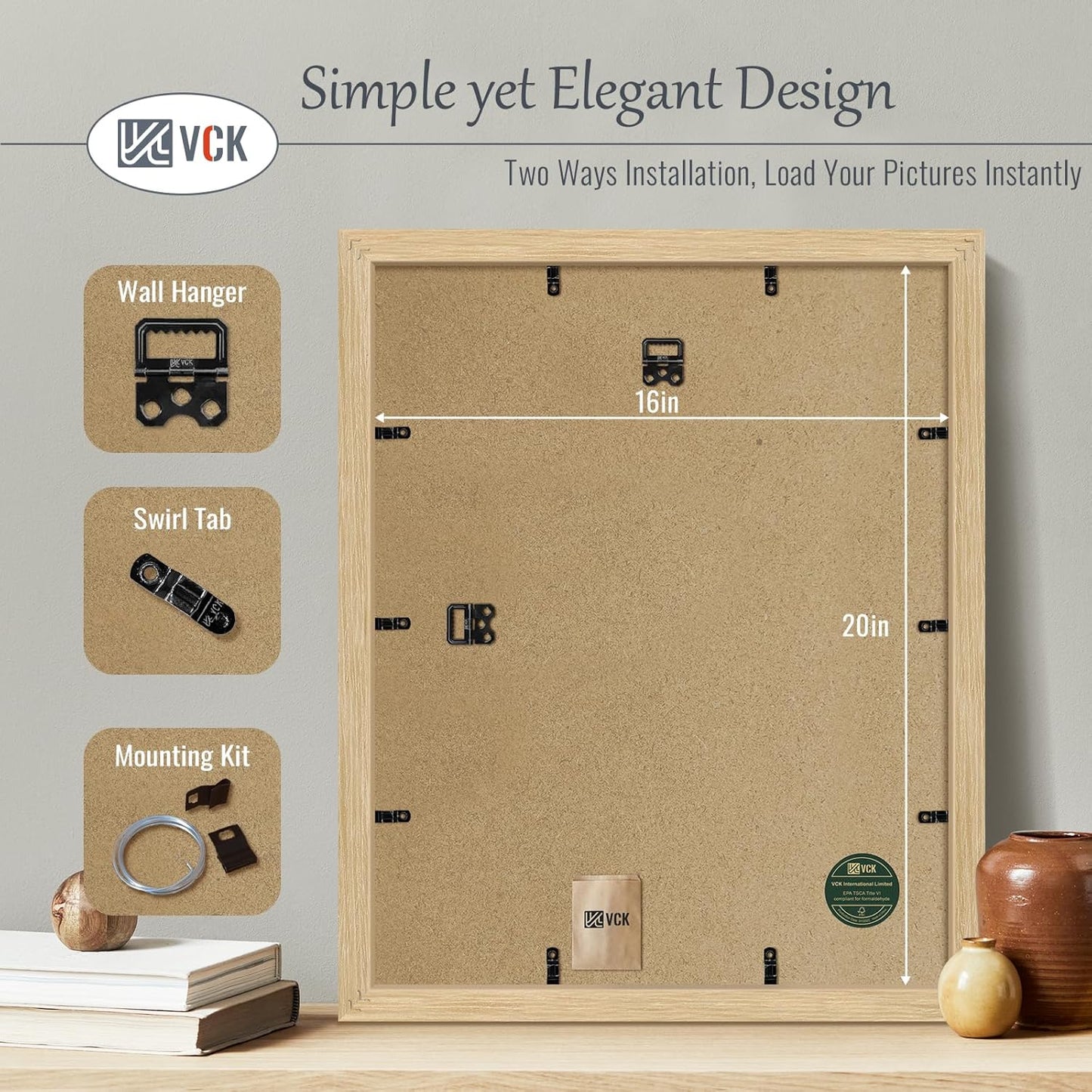 VCK 16x20 Poster Frame 5 Pack - Oak, Natural Solid Wood Picture Frames for Wall, Wall Gallery Frame