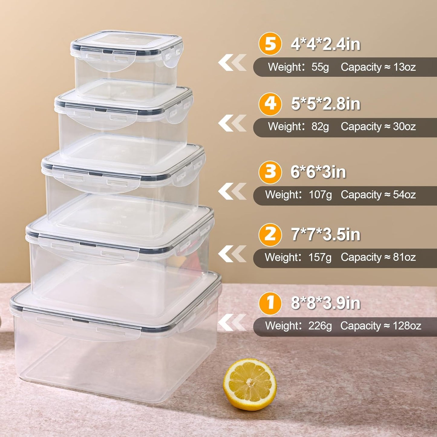 5pc Food Storage Containers with Lids, Airtight Leakproof BPA Free Plastic Meal Prep Boxes, Stackable Nesting Kitchen Containers, Reusable Freezer Dishwasher Safe for Snacks, Fruit & Leftovers