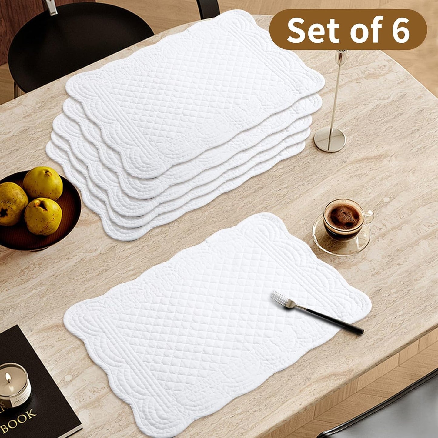 6 PC Quilted Placemats, 18"X13"Extra Large Cotton Placemats Set of 6, 100% Cotton Fabric Washable Cloth Table Mats for Kitchen & Dining Table - Soft &Easy Clean(Cream White, Rectangular)