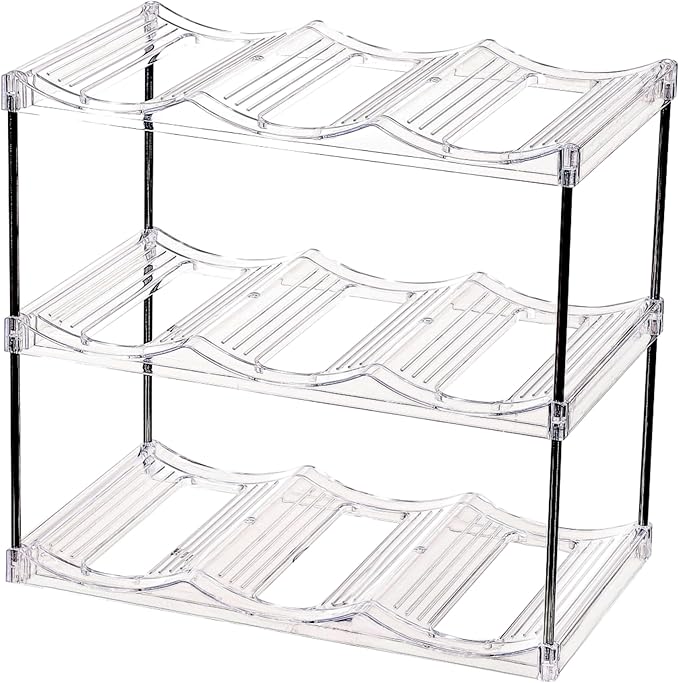 IEEK 3 Tier Stackable Wine and Water Bottle Holder Free-Standing Fridge Wine Bottle Organizers Clear Plastic Water Bottle Holder for Cabinet,Refrigerator,Pantry,Kitchen Countertops,Holds 9 Bottles
