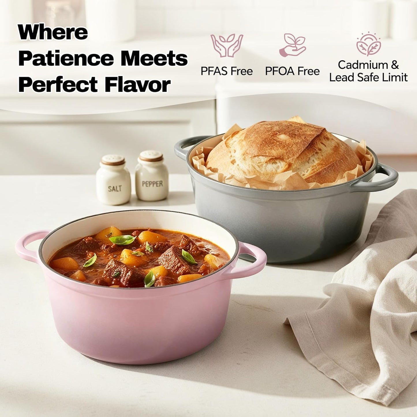 6 Quart Dutch Oven Pot with Lid, Non Stick Enameled Cast Iron Dutch Oven for Bread Baking, Heavy-Duty, Oven Safe Ceramic Cookware Up to 500°F for Baking, Braising, Stews, Roasting, Pink