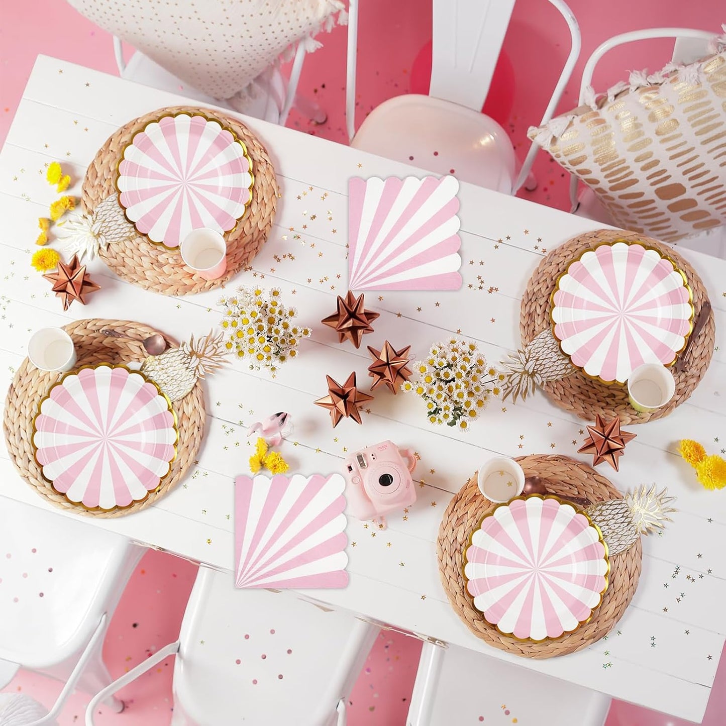 72PCS Pink Paper Plates and Napkins Party Supplies, Gold Foil Edge Scalloped Striped Plates Napkins Disposable Tableware Set for Birthday Wedding Baby Shower Party Decoration (Pink)