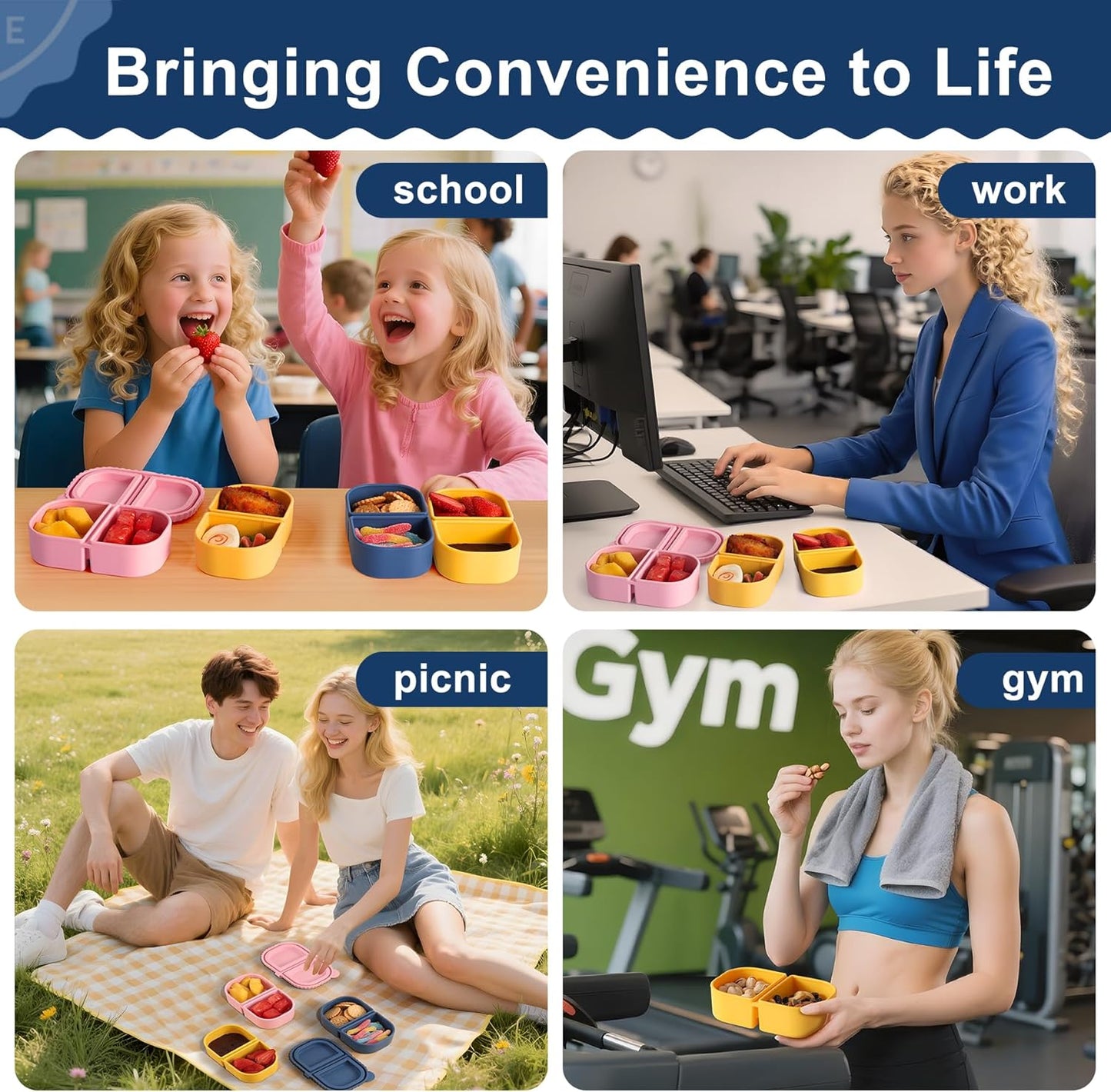 3 Pack Silicone Reusable Snack Containers with Lids - 8 oz Double Compartment Snackle Box for Kids & Adults, BPA-Free & Leakproof, Small for Dressing, Snacks, School, Office, Picnic