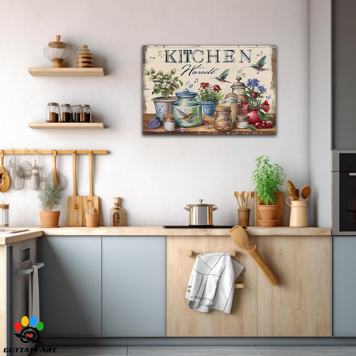 GUTTATY Farmhouse Wall Art Rustic Kitchen Decor, Ready to Hang Kitchen Canvas Print Colorful Flowers And Bird,Vintage Posters Prints for Dinning Room Home Kitchen Restaurant Painting 28×40 Inch