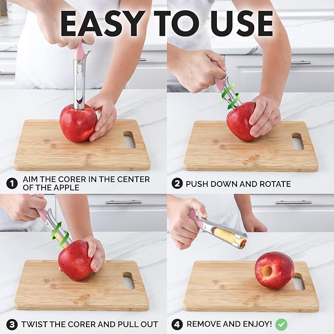 Zulay Kitchen Premium Apple Corer Tool - Ultra Sharp, Stainless Steel, Serrated Blades for Easy Coring - Easy to Use & Clean, Durable Apple Corer Remover for Baking Apples & More - Pink