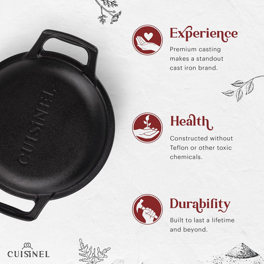 Cuisinel Cast Iron Dutch Oven - 3-Quart Deep Pot - Pre-Seasoned 2-in-1 Multi-Cooker - Combo Lid Doubles as 8"-inch Skillet Frying Pan + Silicone Handle Covers + Scraper - Use for Baking Bread
