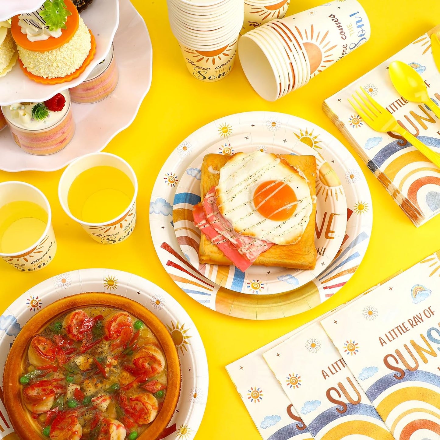 Dandat 350 Pcs Baby Shower Plates Set Baby Shower Party Supplies Serves 50 Tableware Sets Include Plates Napkin Cup Forks Knives Spoons Disposable Dinnerware(Son,Yellow)